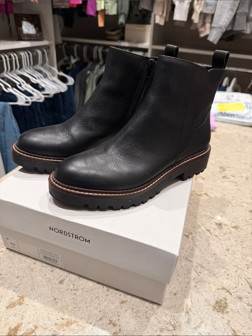 Women's Black Leather Lug-Sole Ankle Boots